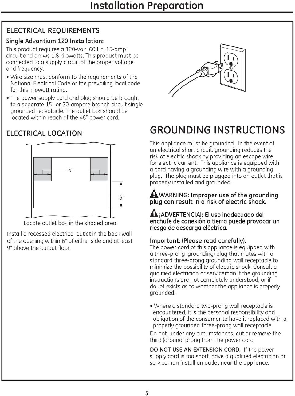 to a separate 15- or 20-ampere branch circuit single ELECTRICAL LOCATION Install a recessed electrical outlet in the back wall GROUNDING INSTRUCTIONS This appliance must be grounded.