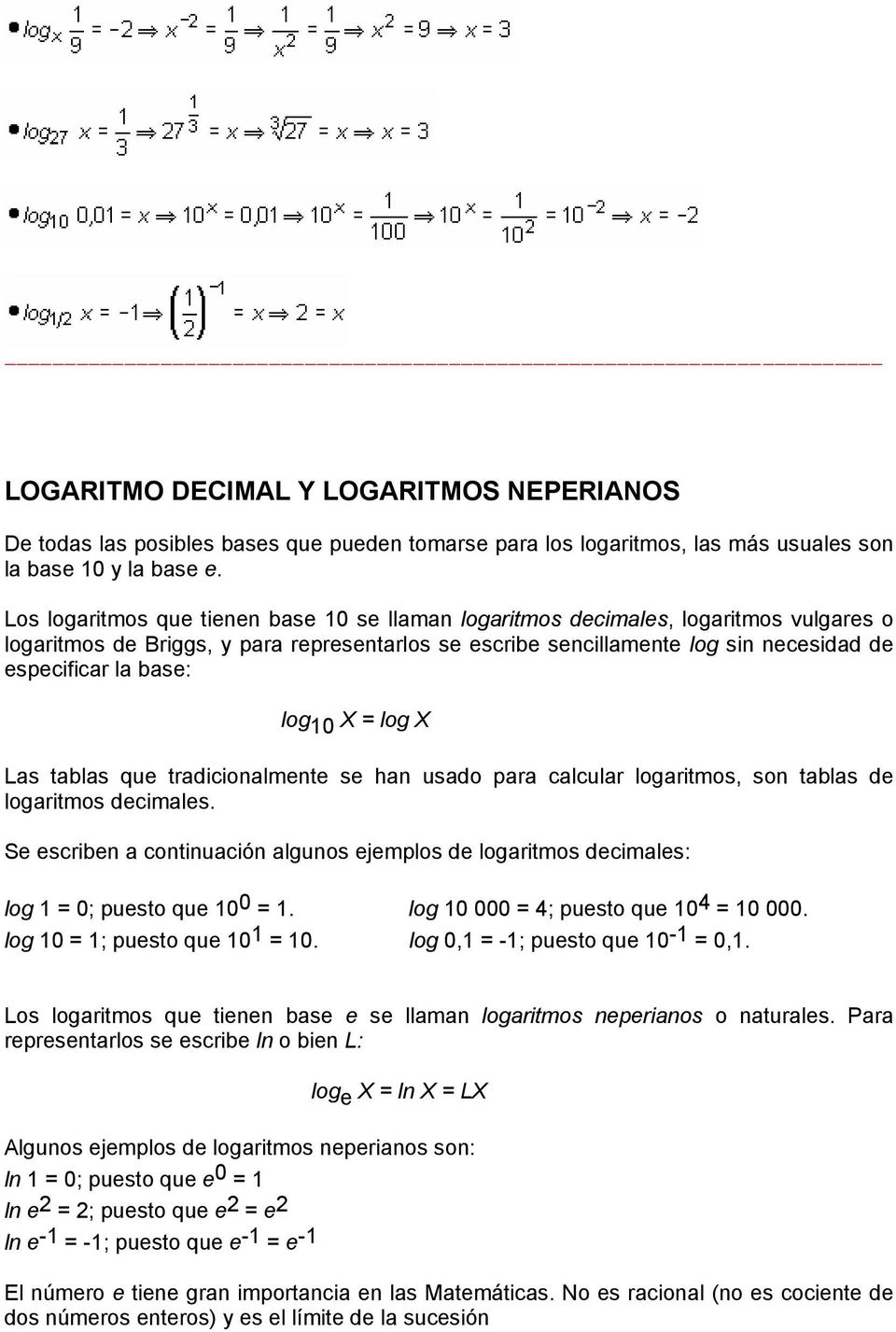 log 10 X = log X Las tablas que tradicionalmente se han usado para calcular logaritmos, son tablas de logaritmos decimales.