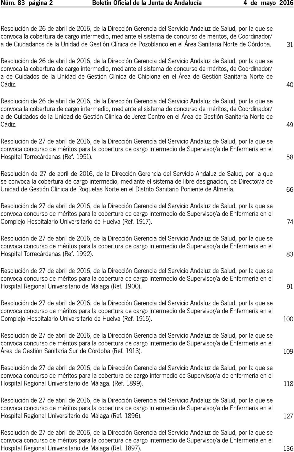 31 Resolución de 26 de abril de 2016, de la Dirección Gerencia del Servicio Andaluz de Salud, por la que se convoca la cobertura de cargo intermedio, mediante el sistema de concurso de méritos, de