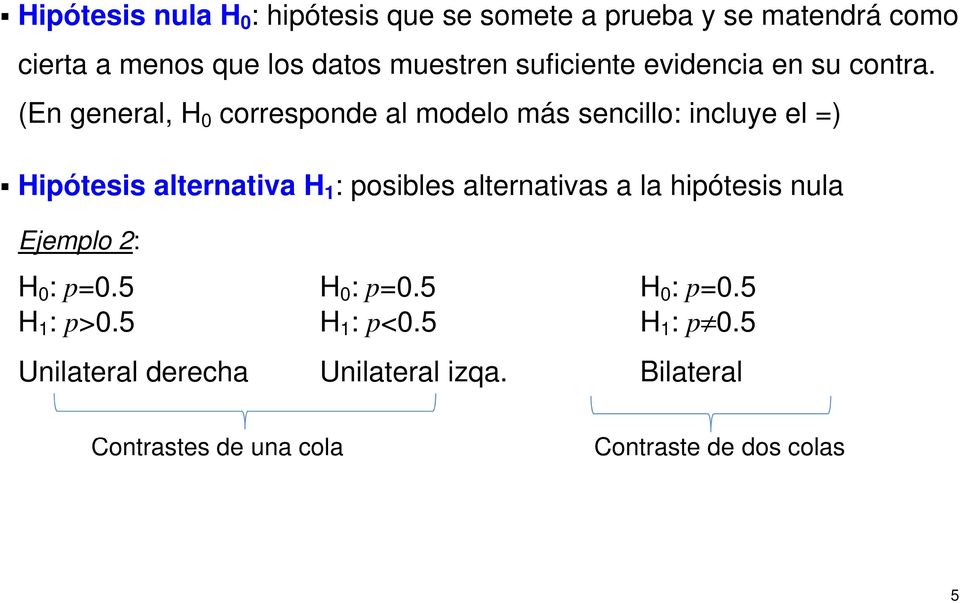 (En general, H 0 corresponde al modelo más sencillo: incluye el =) Hipótesis alternativa H 1 : posibles