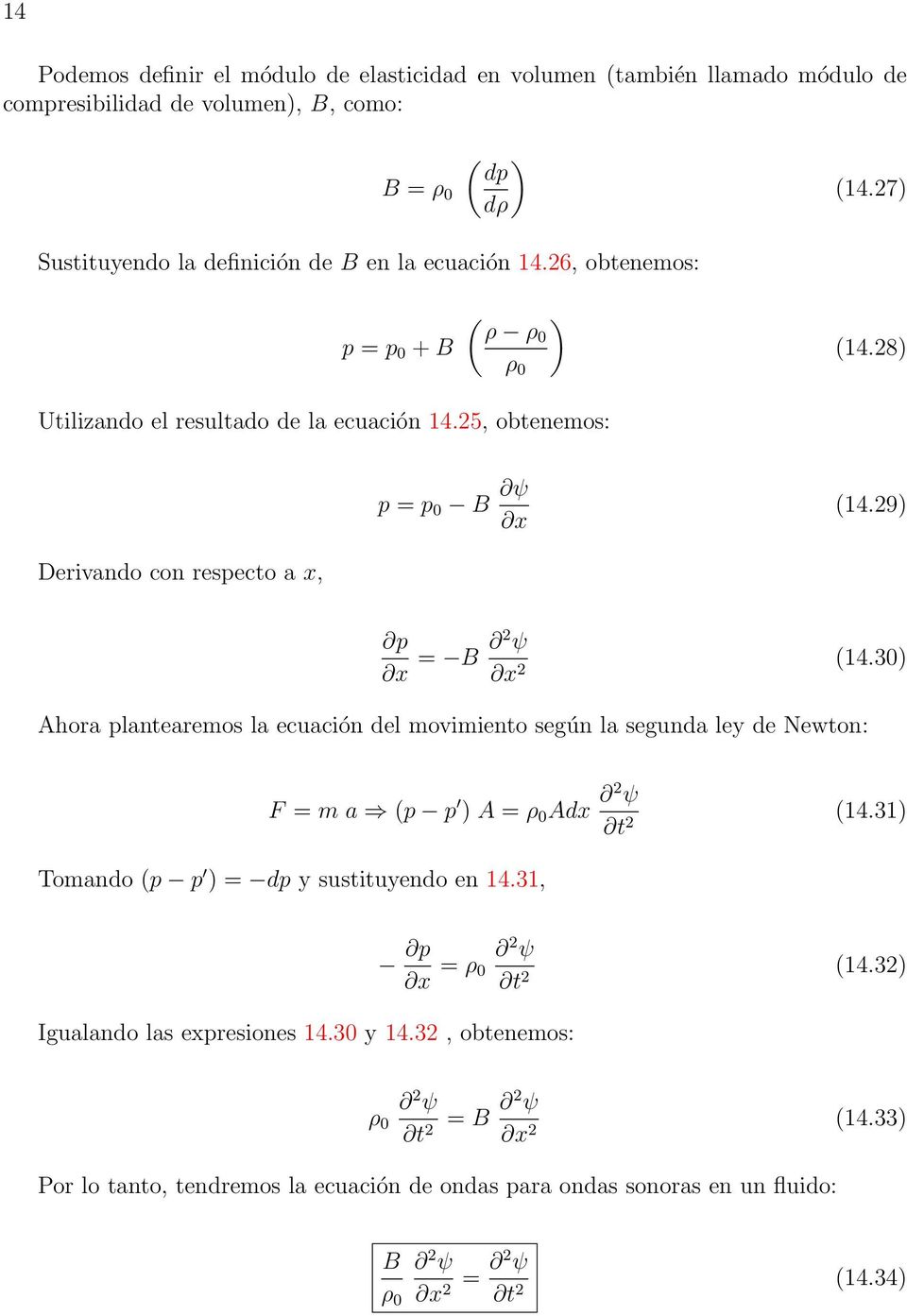 29) Derivando con respecto a x, p x = B 2 ψ (14.30) x 2 Ahora plantearemos la ecuación del movimiento según la segunda ley de Newton: F = m a (p p ) A = ρ 0 Adx 2 ψ t 2 (14.