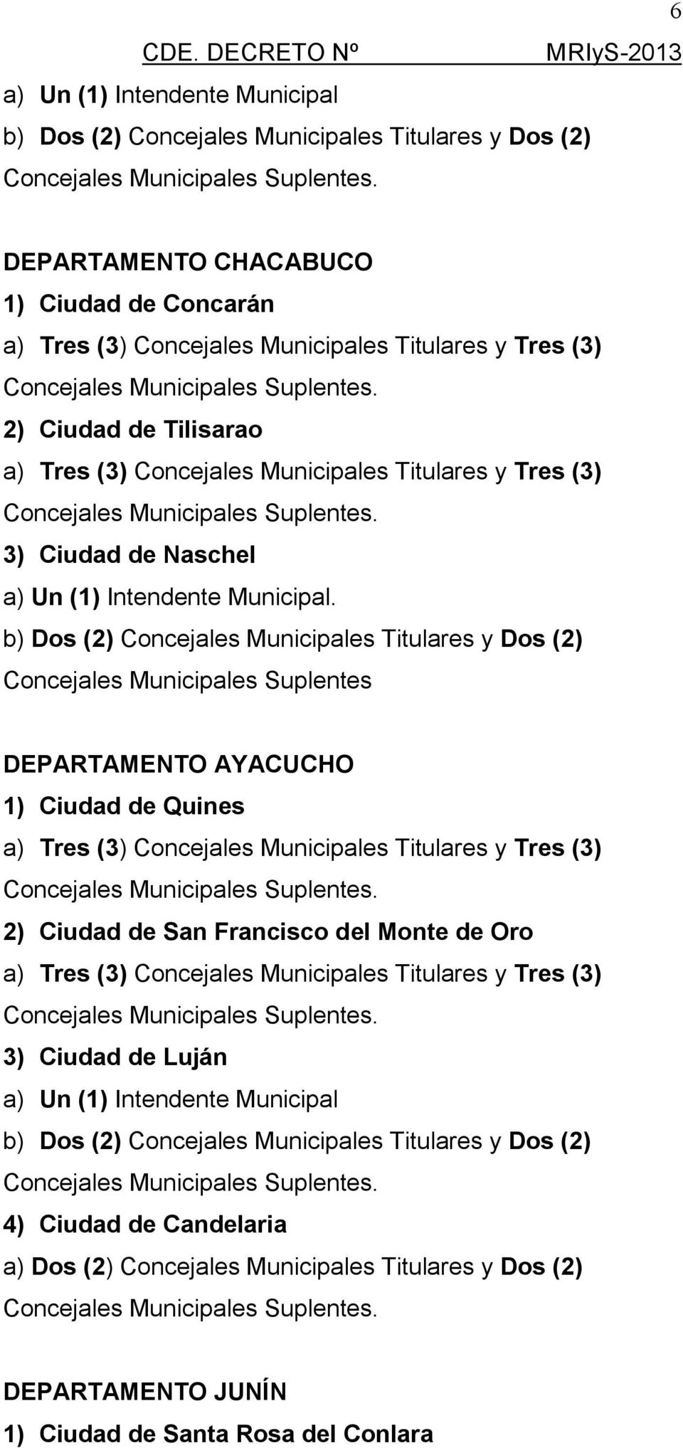 Concejales Municipales Suplentes DEPARTAMENTO AYACUCHO 1) Ciudad de Quines 2) Ciudad de San Francisco del Monte