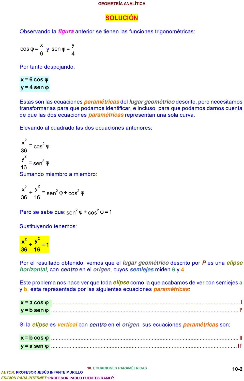 Elevando al cuadrado las dos ecuaciones anteriores: = cos φ 36 = sen φ 6 Sumando miembro a miembro: + 36 = sen 6 φ + cos Pero se sabe que: sen φ + cos φ = Sustituendo tenemos: + = 36 6 φ Por el
