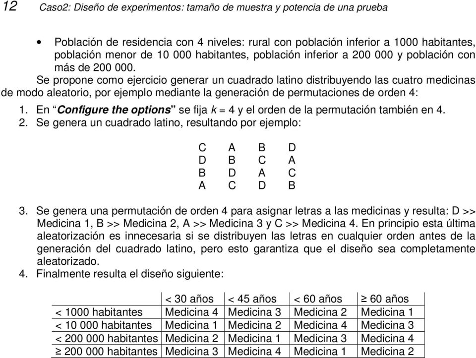 Se propone como ejercicio generar un cuadrado latino distribuyendo las cuatro medicinas de modo aleatorio, por ejemplo mediante la generación de permutaciones de orden 4: 1.