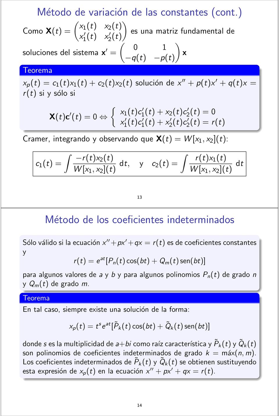 r(t) si y sólo si X(t)c (t) = 0 { x1 (t)c 1 (t) + x 2(t)c 2 (t) = 0 x 1 (t)c 1 (t) + x 2 (t)c 2 (t) = r(t) Cramer, integrando y observando que X(t) = W [x 1, x 2 ](t): c 1 (t) = r(t)x2 (t) W [x 1, x
