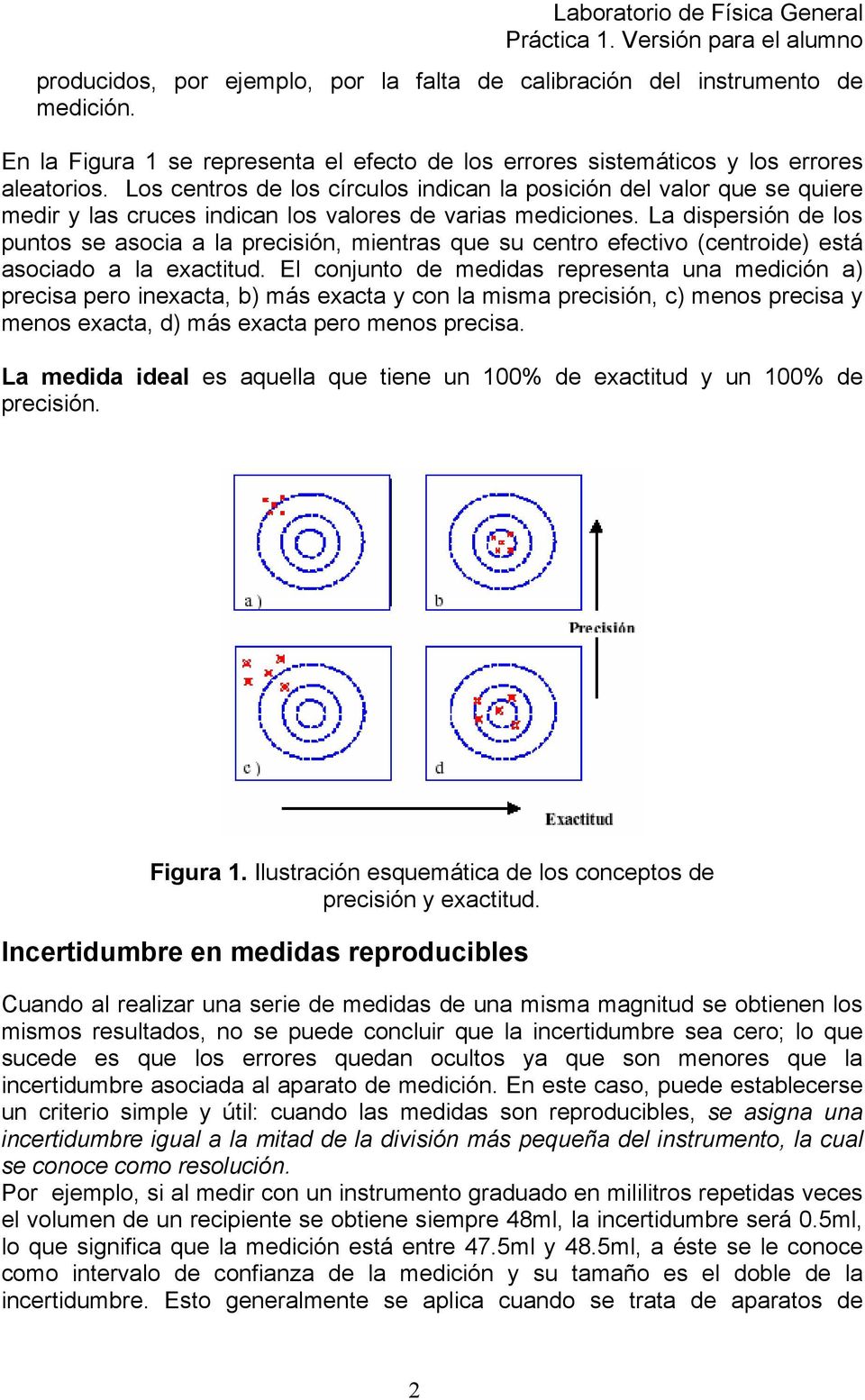 La dispersión de los puntos se asocia a la precisión, mientras que su centro efectivo (centroide) está asociado a la exactitud.