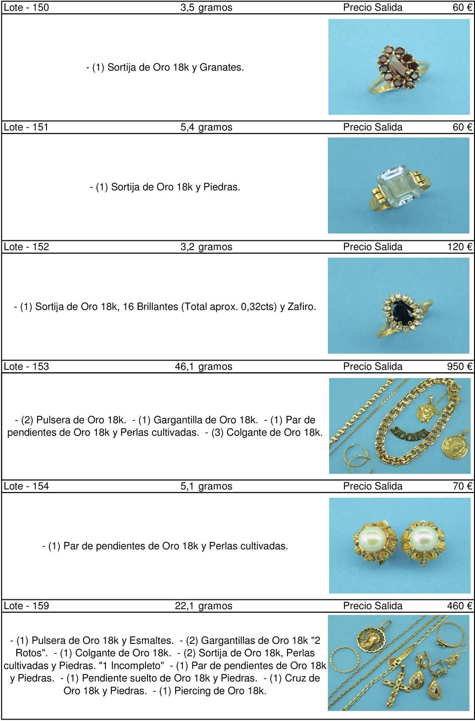 - (1) Gargantilla de Oro 18k. - (1) Par de pendientes de Oro 18k y Perlas cultivadas. - (3) Colgante de Oro 18k.