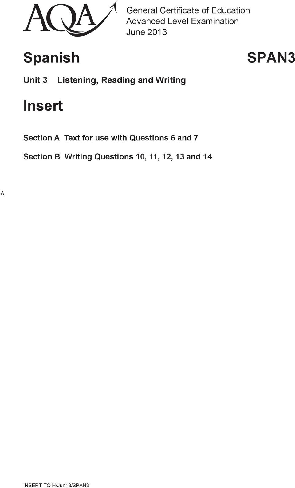 Reading and Writing Insert Section A Text for use with