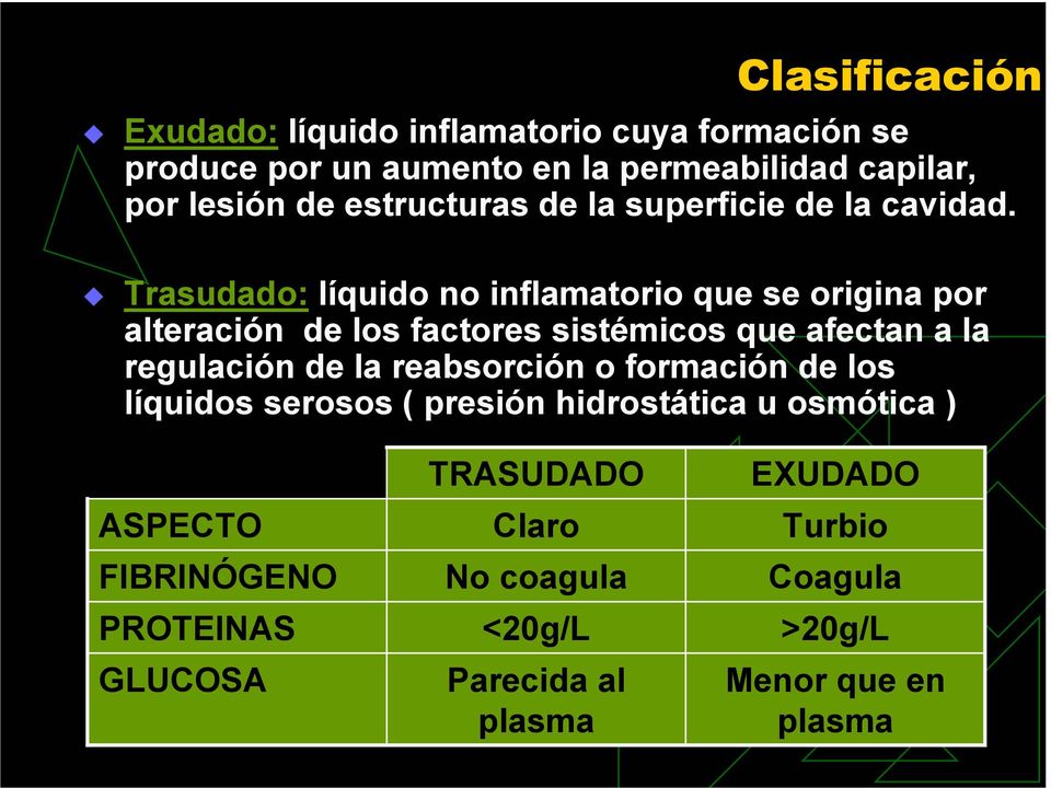 Trasudado: líquido no inflamatorio que se origina por alteración de los factores sistémicos que afectan a la regulación de la