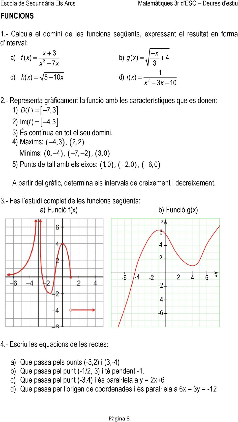 ) Màims:, Mínims: 0,,, 0, 5) Punts de tall amb els eios:,,,, 7, 0,, 0 6, 0 A partir del gràfic, determina els intervals de creiement i decreiement.
