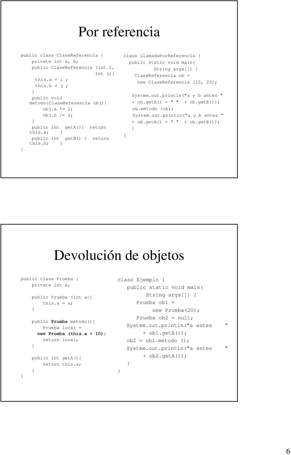 b; class LlamadaPorReferencia { public static void main( String args[]) { ClaseReferencia ob = new ClaseReferencia (15, 20); System.out.println("a y b antes " + ob.geta() + " " + ob.getb()); ob.