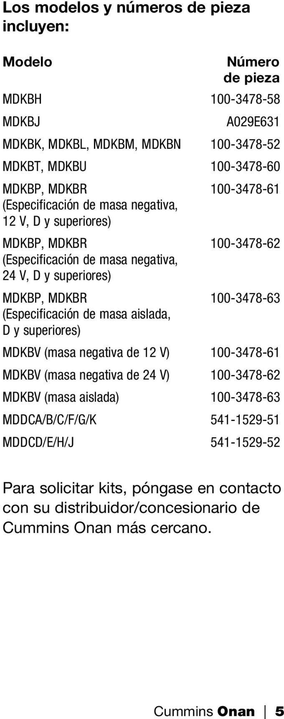 100-3478-63 (Especificación de masa aislada, D y superiores) MDKBV (masa negativa de 12 V) 100-3478-61 MDKBV (masa negativa de 24 V) 100-3478-62 MDKBV (masa aislada)