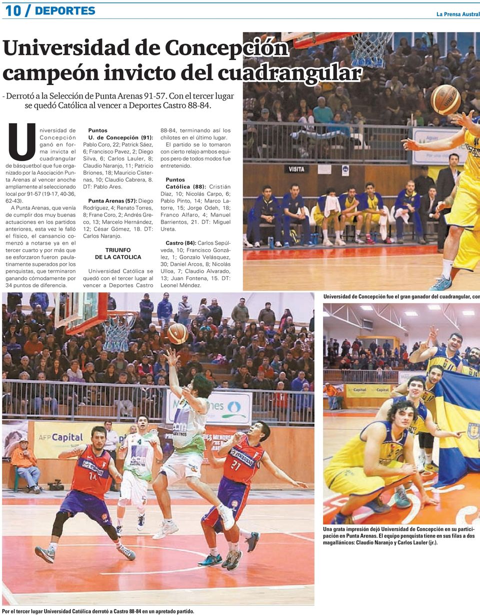 U niversidad de Concepción ganó en forma invicta el cuadrangular de básquetbol que fue organizado por la Asociación Punta Arenas al vencer anoche ampliamente al seleccionado local por 91-57 (19-17,