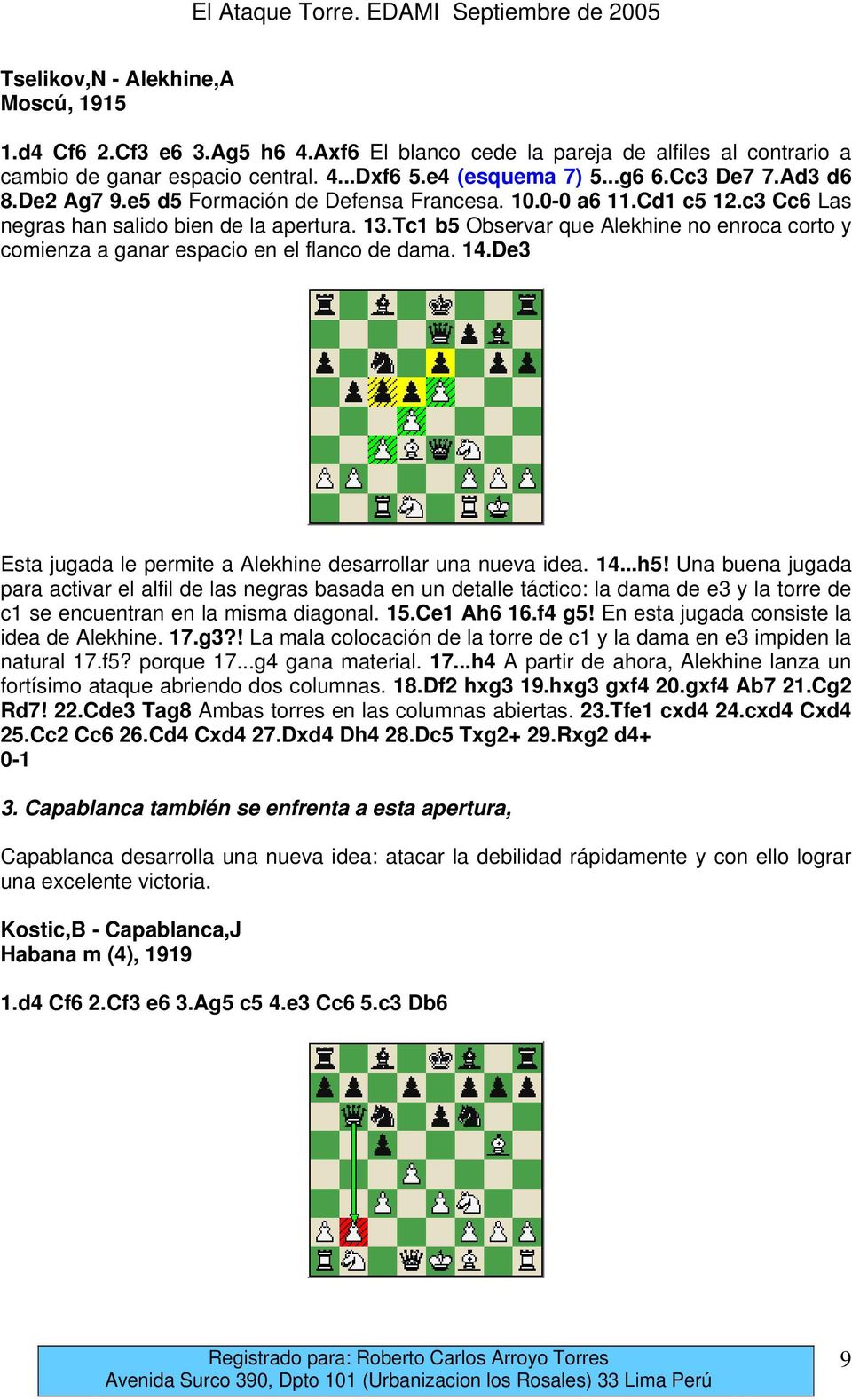 Tc1 b5 Observar que Alekhine no enroca corto y comienza a ganar espacio en el flanco de dama. 14.De3 Esta jugada le permite a Alekhine desarrollar una nueva idea. 14...h5!