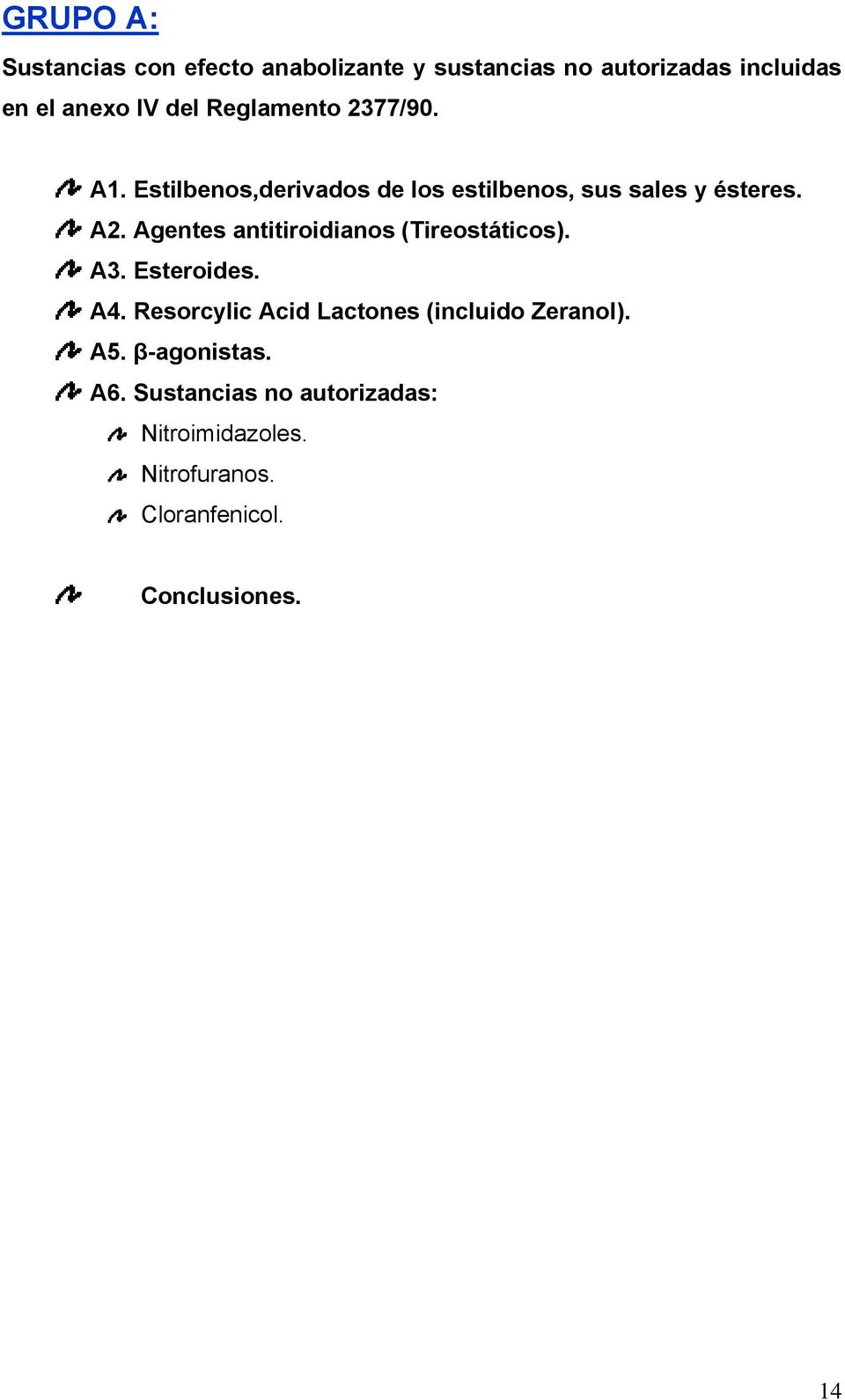 A. Esteroides. A4. Resorcylic Acid Lactones (incluido Zeranol). A. β-agonistas. A6.