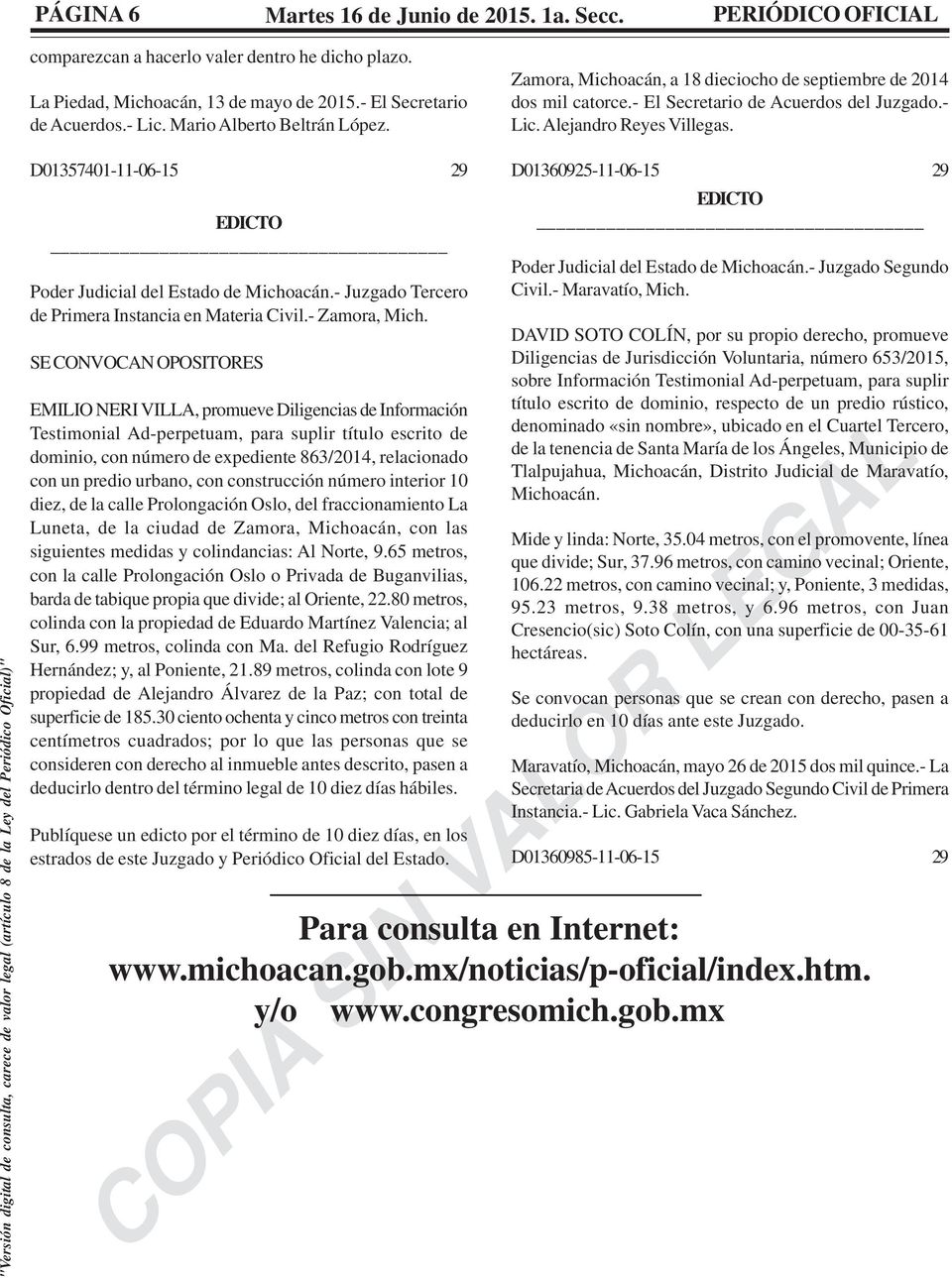 D01357401-11-06-15 29 _ Poder Judicial del Estado de Michoacán.- Juzgado Tercero de Primera Instancia en Materia Civil.- Zamora, Mich.
