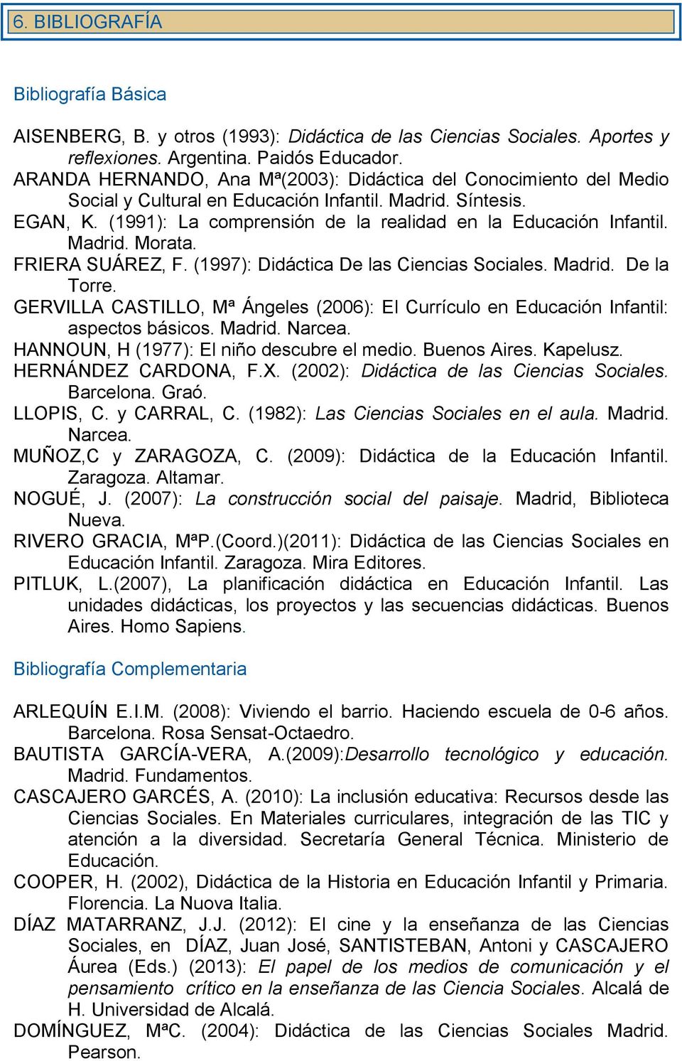 Madrid. Morata. FRIERA SUÁREZ, F. (1997): Didáctica De las Ciencias Sociales. Madrid. De la Torre. GERVILLA CASTILLO, Mª Ángeles (2006): El Currículo en Educación Infantil: aspectos básicos. Madrid. Narcea.