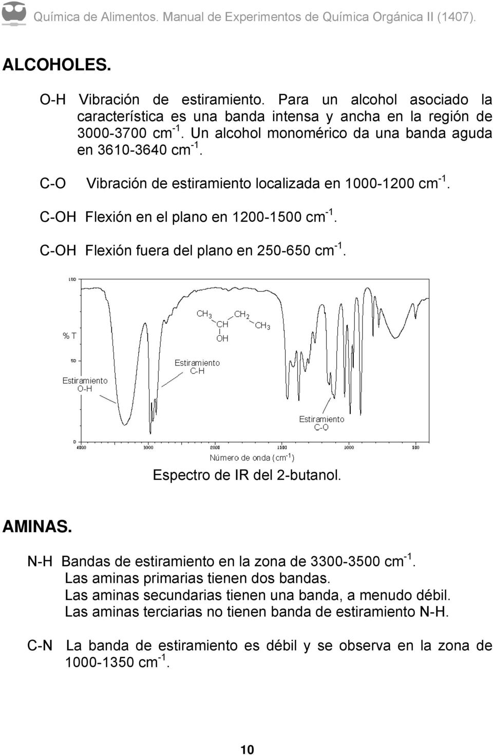 C-OH Flexión fuera del plano en 2-6 cm -1. Espectro de IR del 2-butanol. AMINAS. N-H Bandas de estiramiento en la zona de 30- cm -1.