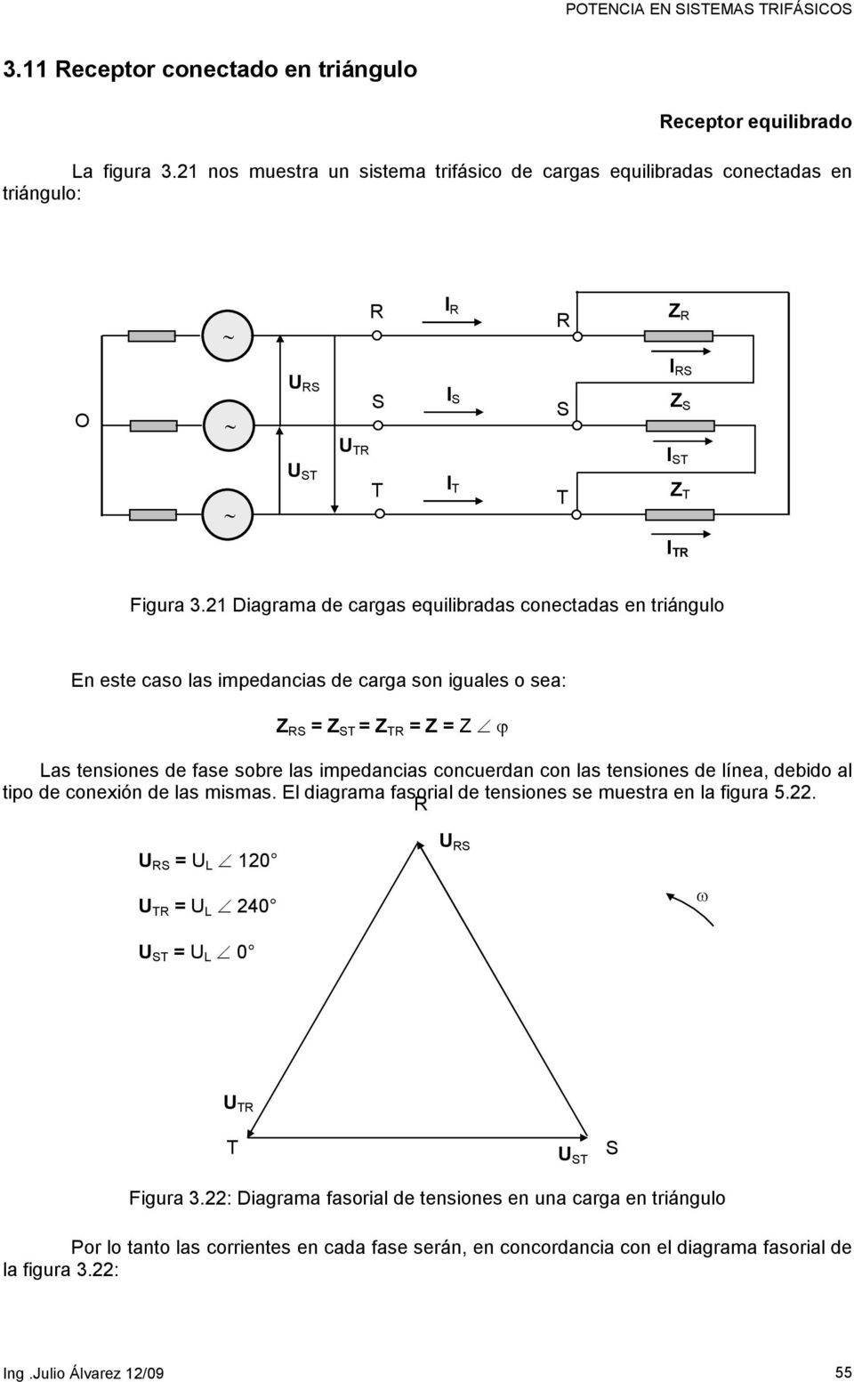 21 Diagrama de cargas equilibradas conectadas en triángulo En este caso las impedancias de carga son iguales o sea: ϕ as tensiones de fase sobre las impedancias concuerdan