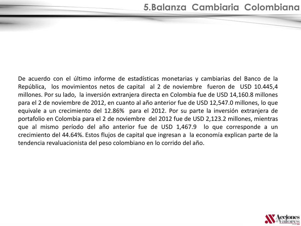 0 millones, lo que equivale a un crecimiento del 12.86% para el 2012. Por su parte la inversión extranjera de portafolio en Colombia para el 2 de noviembre del 2012 fue de USD 2,123.