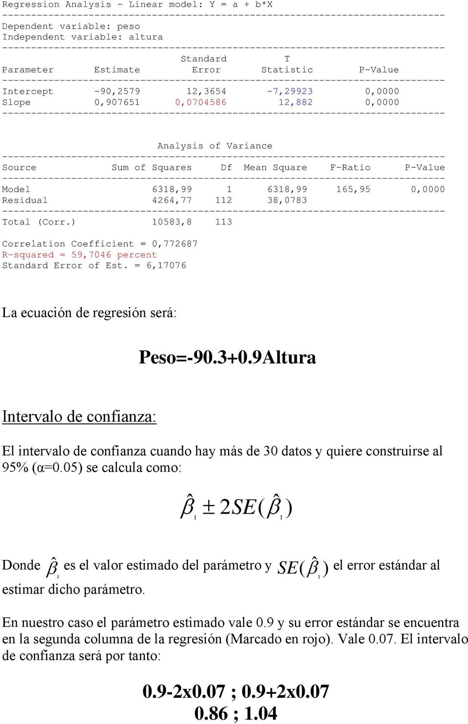 ) 0583,8 3 Correlation Coefficient = 0,772687 R-squared = 59,7046 percent Standard Error of Est. = 6,7076 La ecuación de regresión será: Peso=-90.3+0.