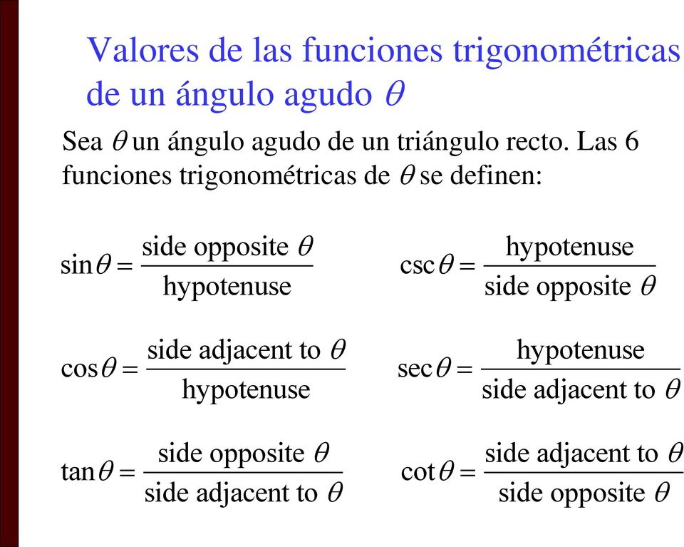 Las 6 funciones trigonométricas de se definen: sin side opposite hypotenuse csc