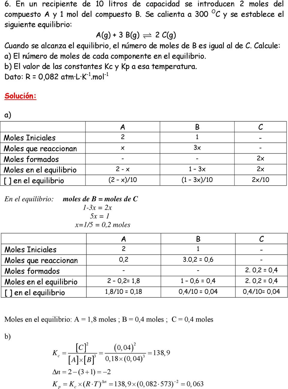 Calule: El número de moles de ada omponente en el equilibrio. b) El valor de las onstantes y p a esa temperatura. Dato: R = 0,08 atm L -1.