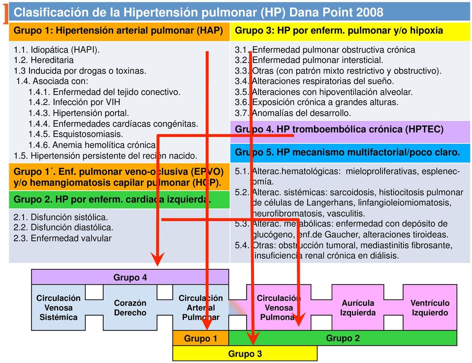 Esquistosomiasis. 1.4.6. Anemia hemolítica crónica 1.5. Hipertensión persistente del recién nacido. Grupo 1. Enf. pulmonar veno-oclusiva (EPVO) y/o hemangiomatosis capilar pulmonar (HP). Grupo 2.
