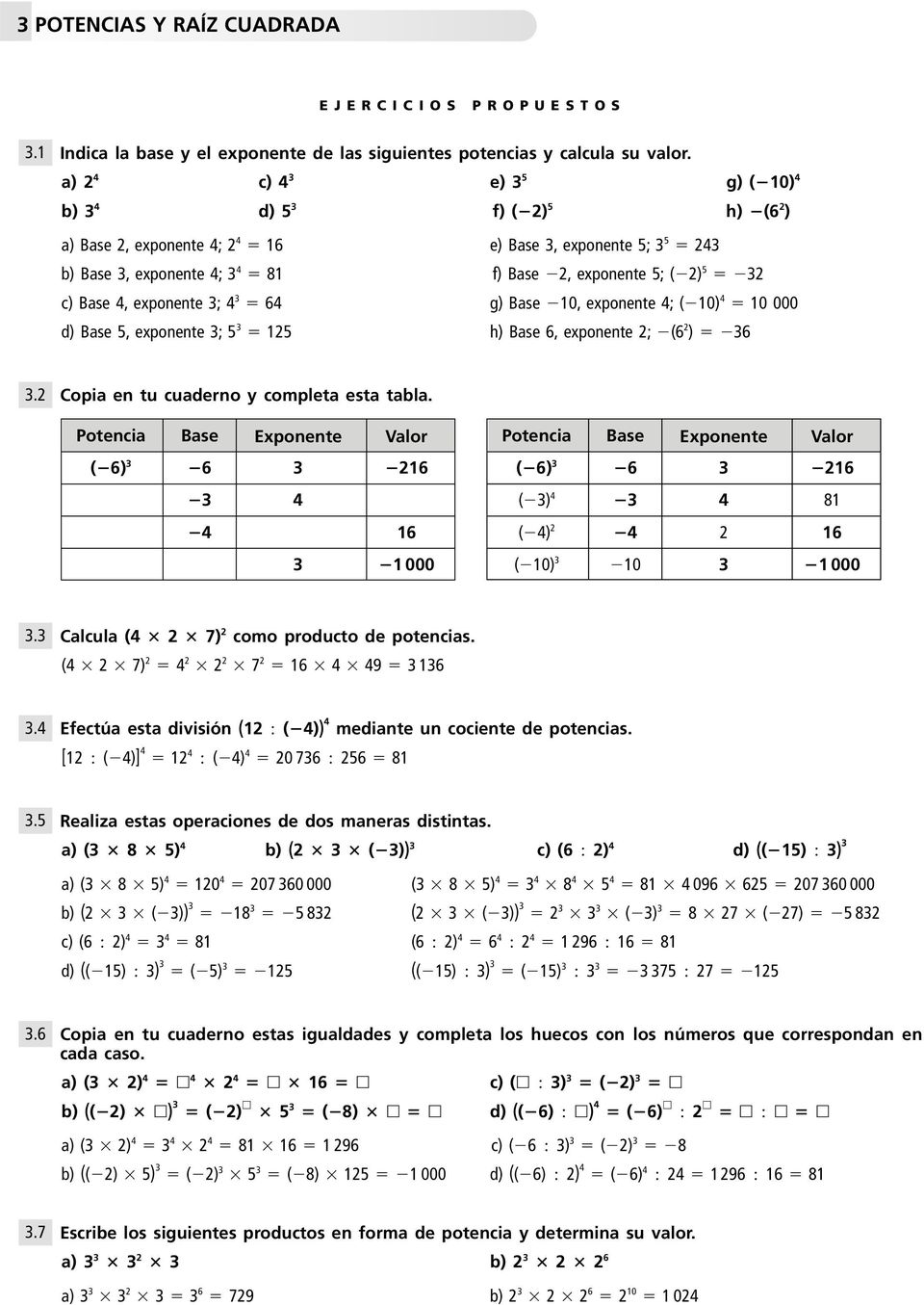 Base 4, exponente 3; 4 3 64 g) Base 10, exponente 4; ( 10) 4 10 000 d) Base 5, exponente 3; 5 3 125 h) Base 6, exponente 2; (6 2 ) 36 3.2 Copia en tu cuaderno y completa esta tabla.