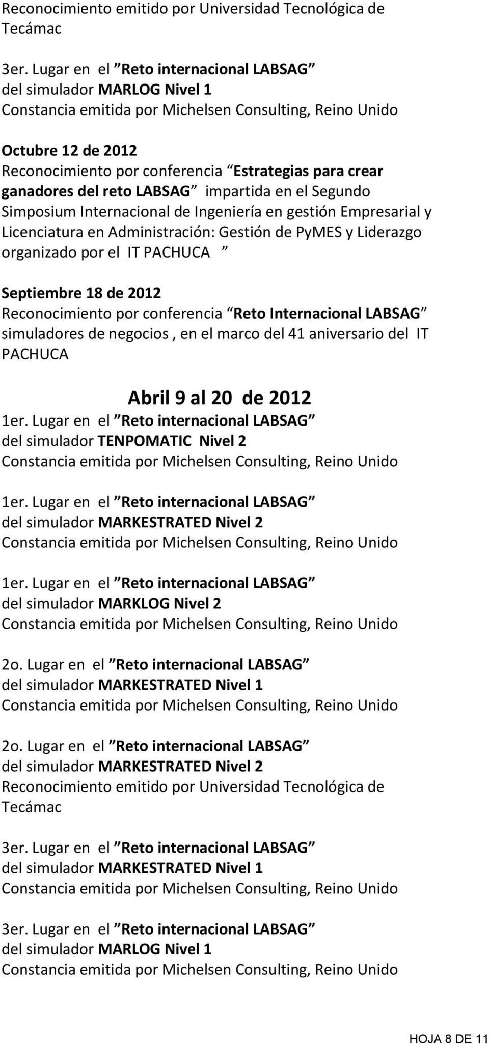 Reto Internacional LABSAG simuladores de negocios, en el marco del 41 aniversario del IT PACHUCA Abril 9 al 20 de 2012 del simulador TENPOMATIC Nivel 2 del simulador MARKESTRATED