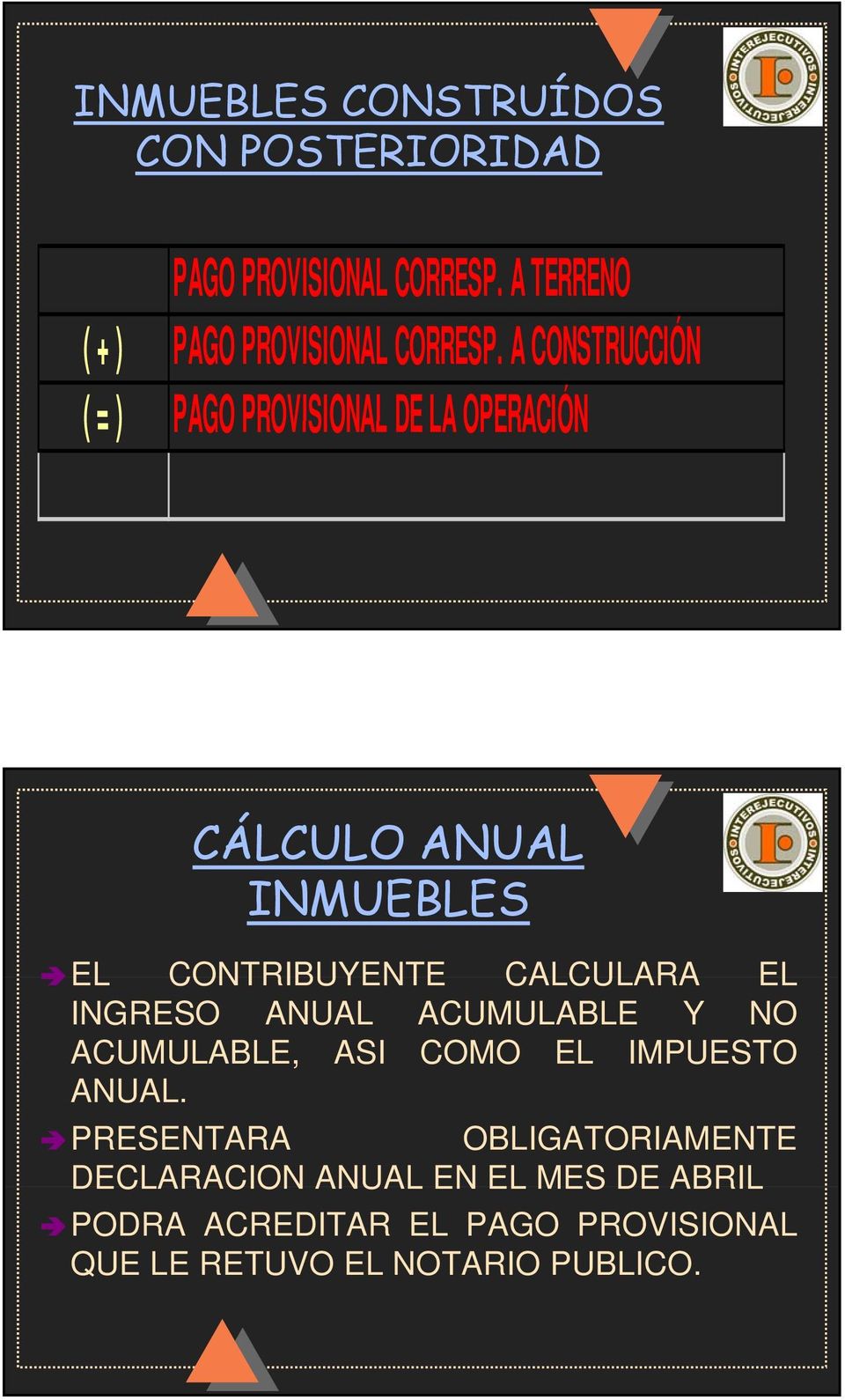 A CONSTRUCCIÓN (=) PAGO PROVISIONAL DE LA OPERACIÓN CÁLCULO ANUAL INMUEBLES EL CONTRIBUYENTE CALCULARA