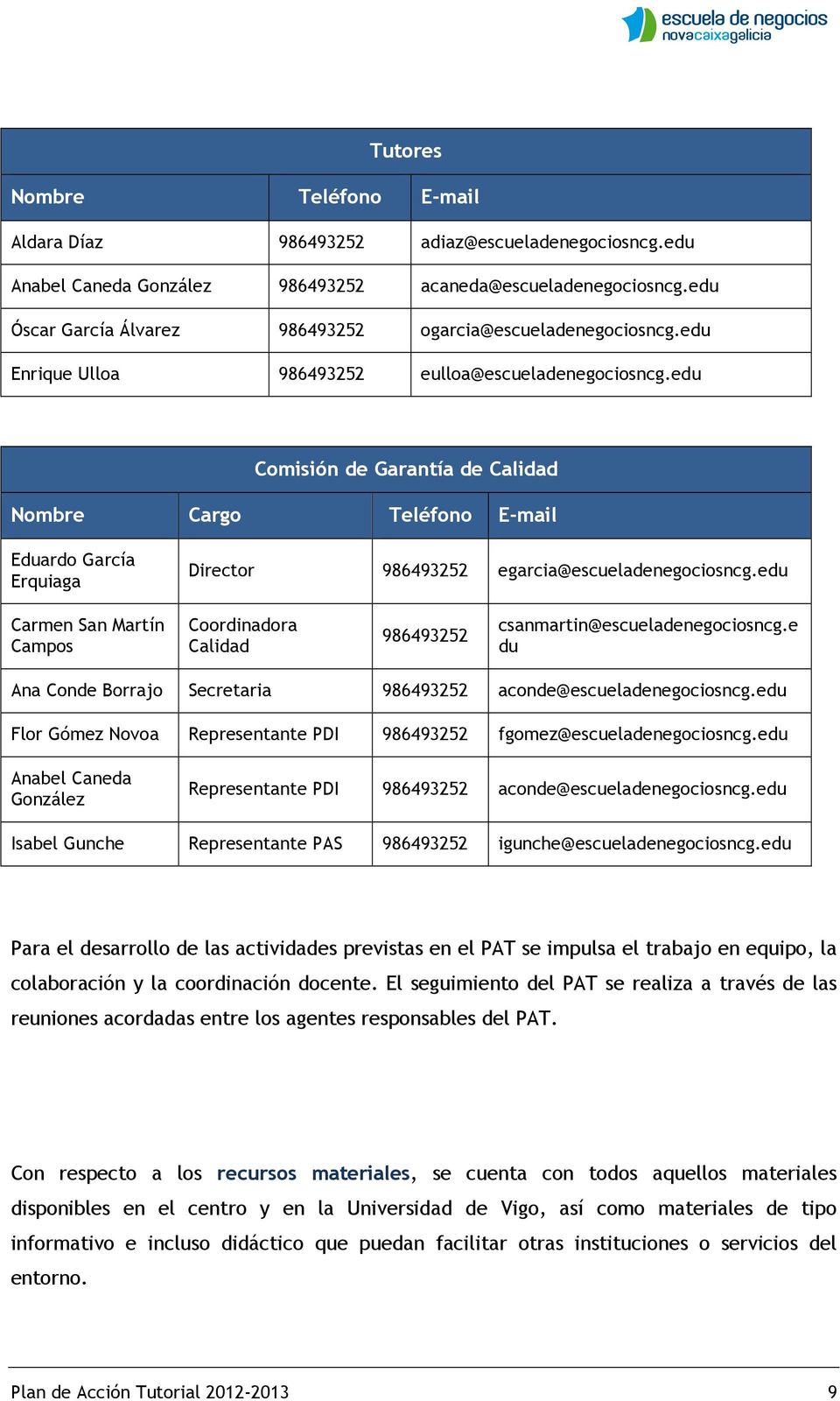edu Comisión de Garantía de Calidad Nombre Cargo Teléfono E-mail Eduardo García Erquiaga Director 986493252 egarcia@escueladenegociosncg.