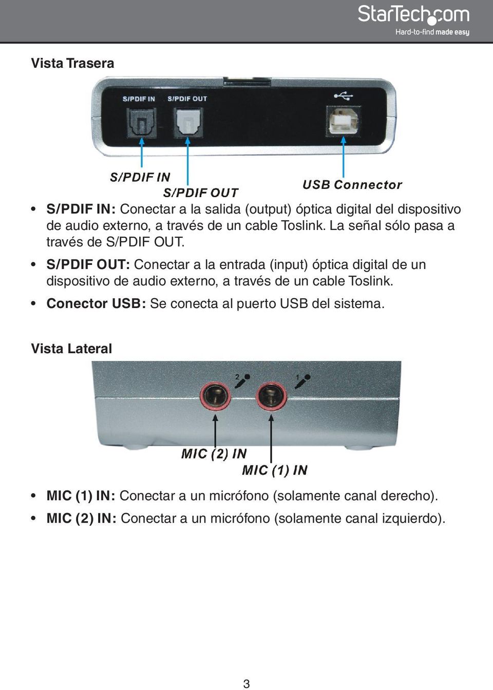 S/PDIF OUT: Conectar a la entrada (input) óptica digital de un dispositivo de audio externo, a través de un cable Toslink.