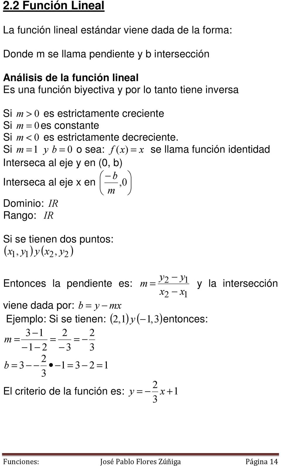 Si m = 1 b = 0 o sea: f ( ) = se llama función identidad Interseca al eje en (0, b) b Interseca al eje en, 0 m Dominio: IR Rango: IR Si se tienen dos puntos:, ( ) ( ) 1 1,