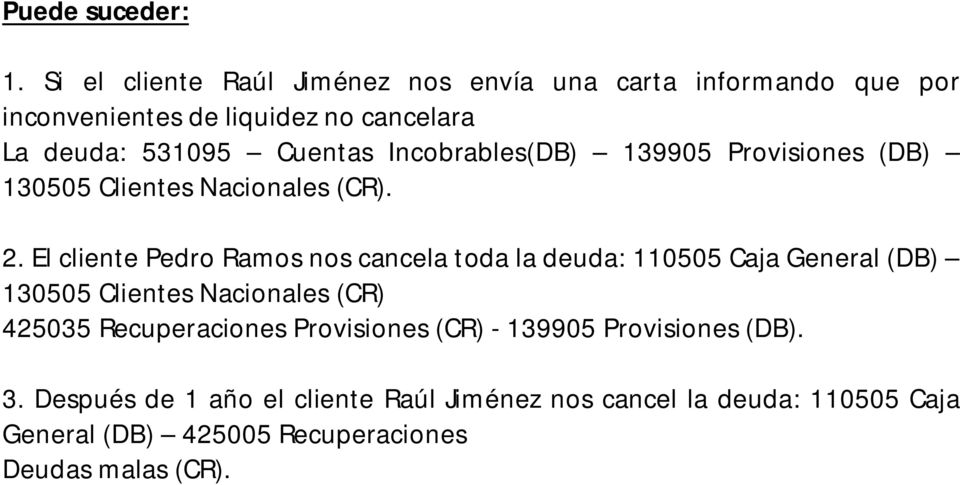 Incobrables(DB) 139905 Provisiones (DB) 130505 Clientes Nacionales (CR). 2.
