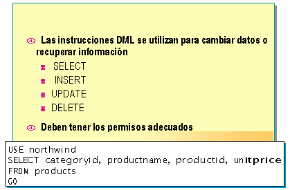 Las instrucciones de DML incluyen: SELECT INSERT UPDATE DELETE Ejemplo En este ejemplo se recupera el identificador de categoría, nombre