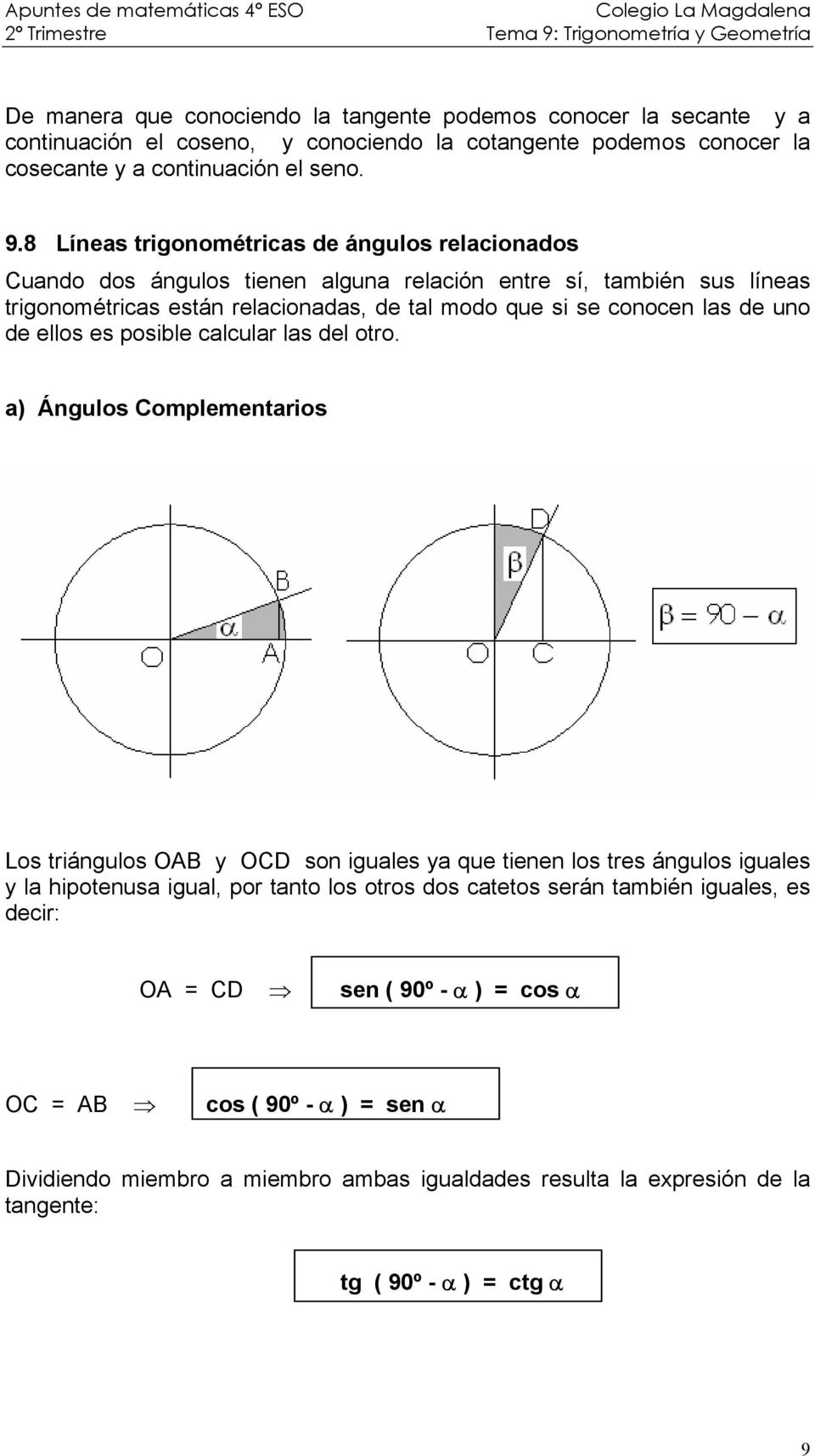 8 Líneas trigonométricas de ángulos relacionados Cuando dos ángulos tienen alguna relación entre sí, también sus líneas trigonométricas están relacionadas, de tal modo que si se conocen las de uno de