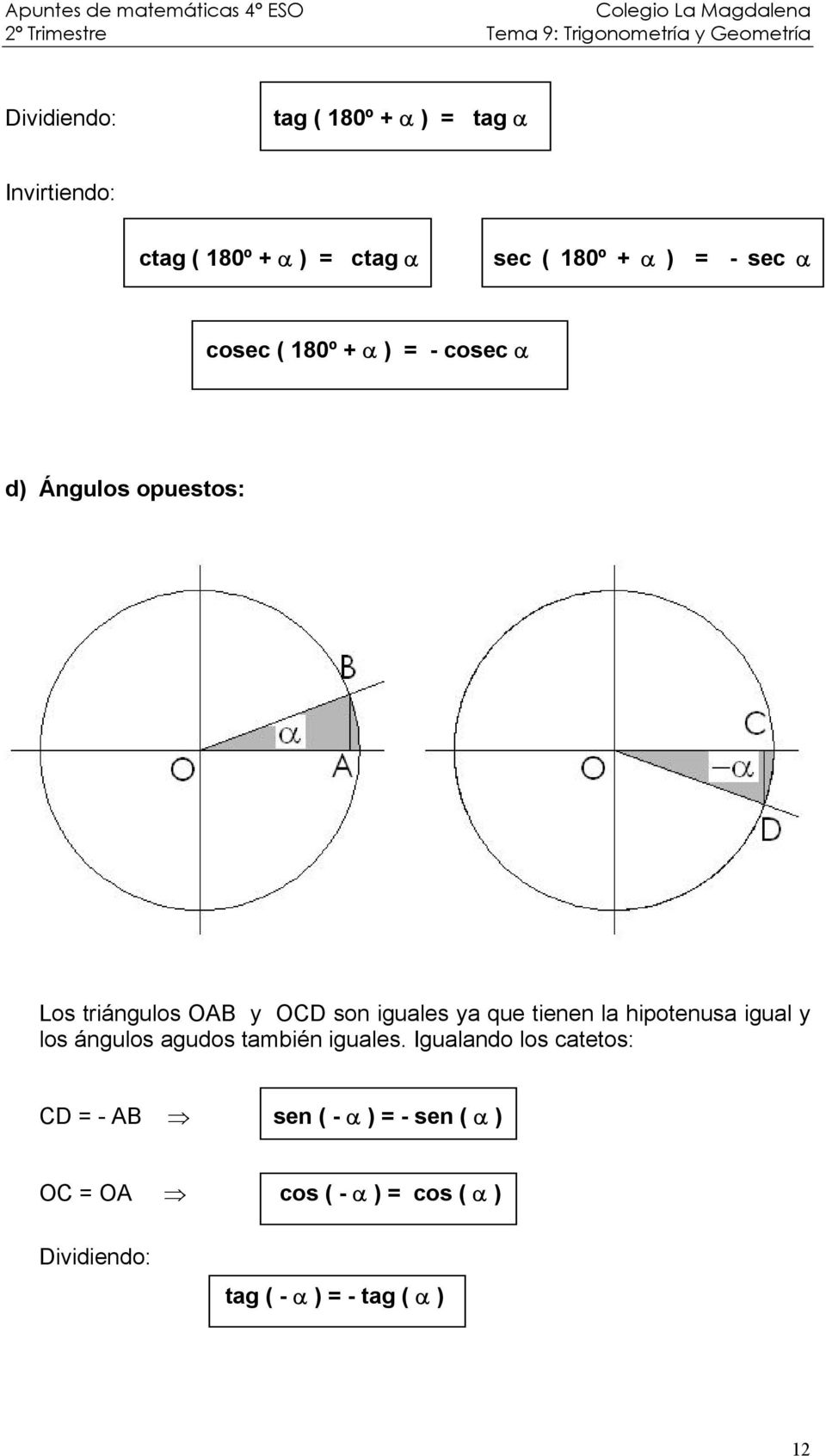 OAB y OCD son iguales ya que tienen la hipotenusa igual y los ángulos agudos también iguales.