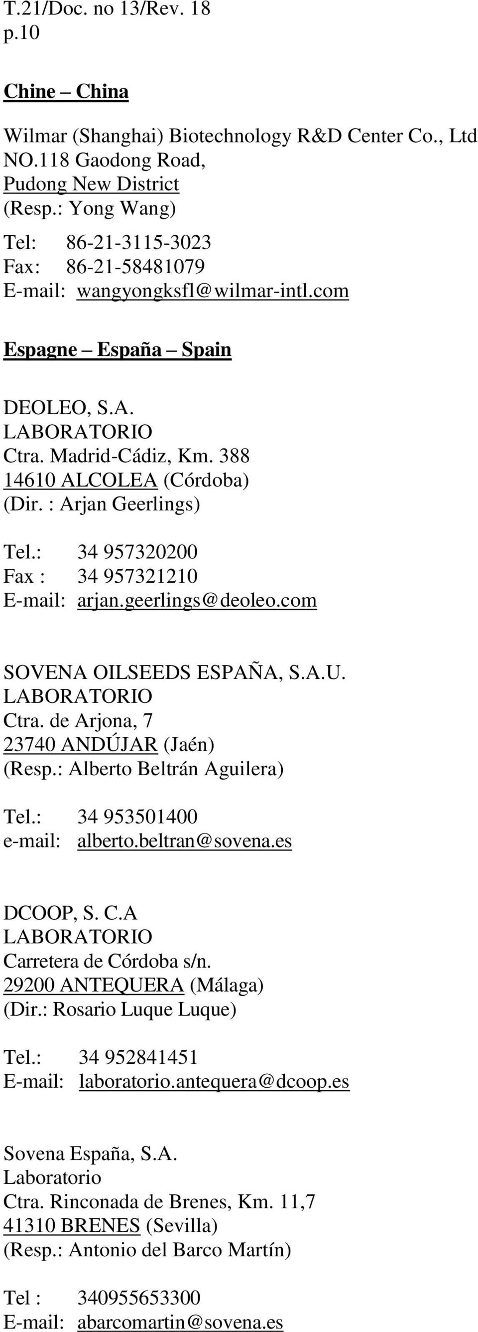 : Arjan Geerlings) Tel.: 34 957320200 Fax : 34 957321210 E-mail: arjan.geerlings@deoleo.com gne España Spain Spagna SOVENA OILSEEDS ESPAÑA, S.A.U. LABORATORIO Ctra.