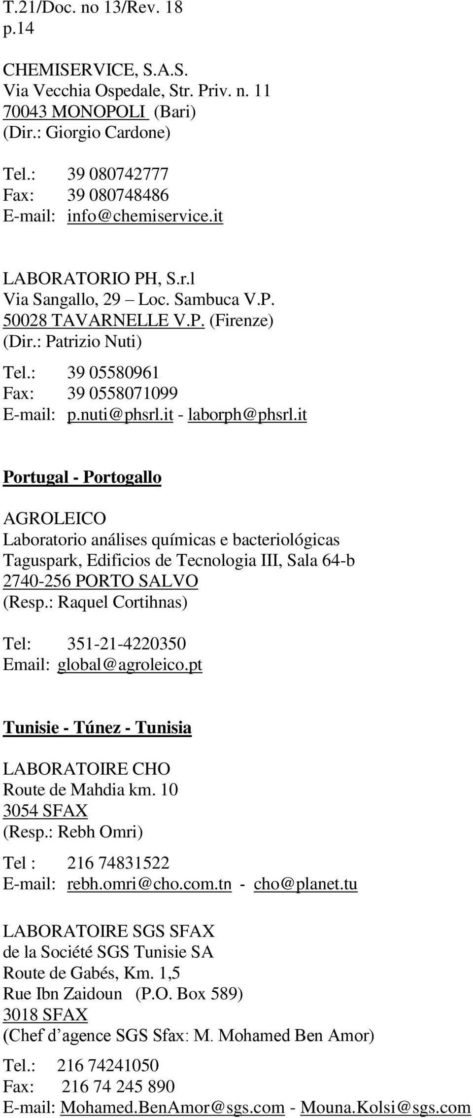 it Portugal - Portogallo AGROLEICO Laboratorio análises químicas e bacteriológicas Taguspark, Edificios de Tecnologia III, Sala 64-b 2740-256 PORTO SALVO (Resp.