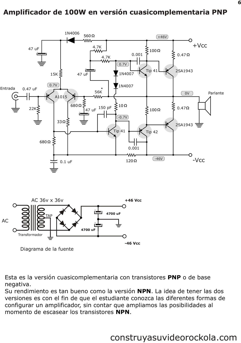 1 uf -46 -cc AC 36v x 36v +46 cc AC TAP Transformador Diagrama de la fuente -46 cc Esta es la versión cuasicomplementaria con transistores PNP o de