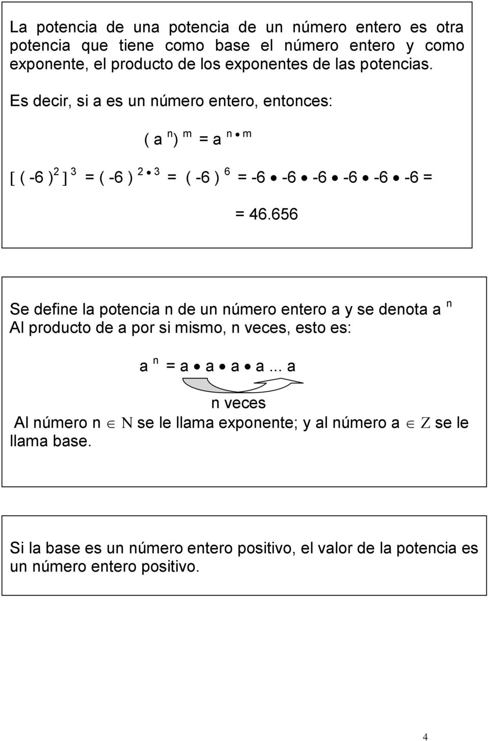 Es decir, si a es un número entero, entonces: ( a n ) m = a n m ( -6 ) 2 3 = ( -6 ) 2 3 = ( -6 ) 6 = -6-6 -6-6 -6-6 = = 46.