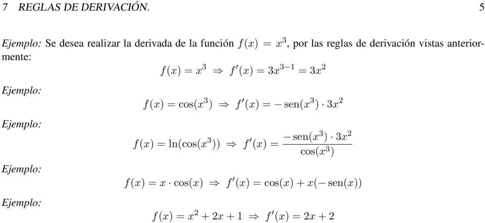 derivación vistas anteriormente: f(x) = x 3 f (x) = 3x 3 = 3x 2 f(x) = cos(x 3 ) f