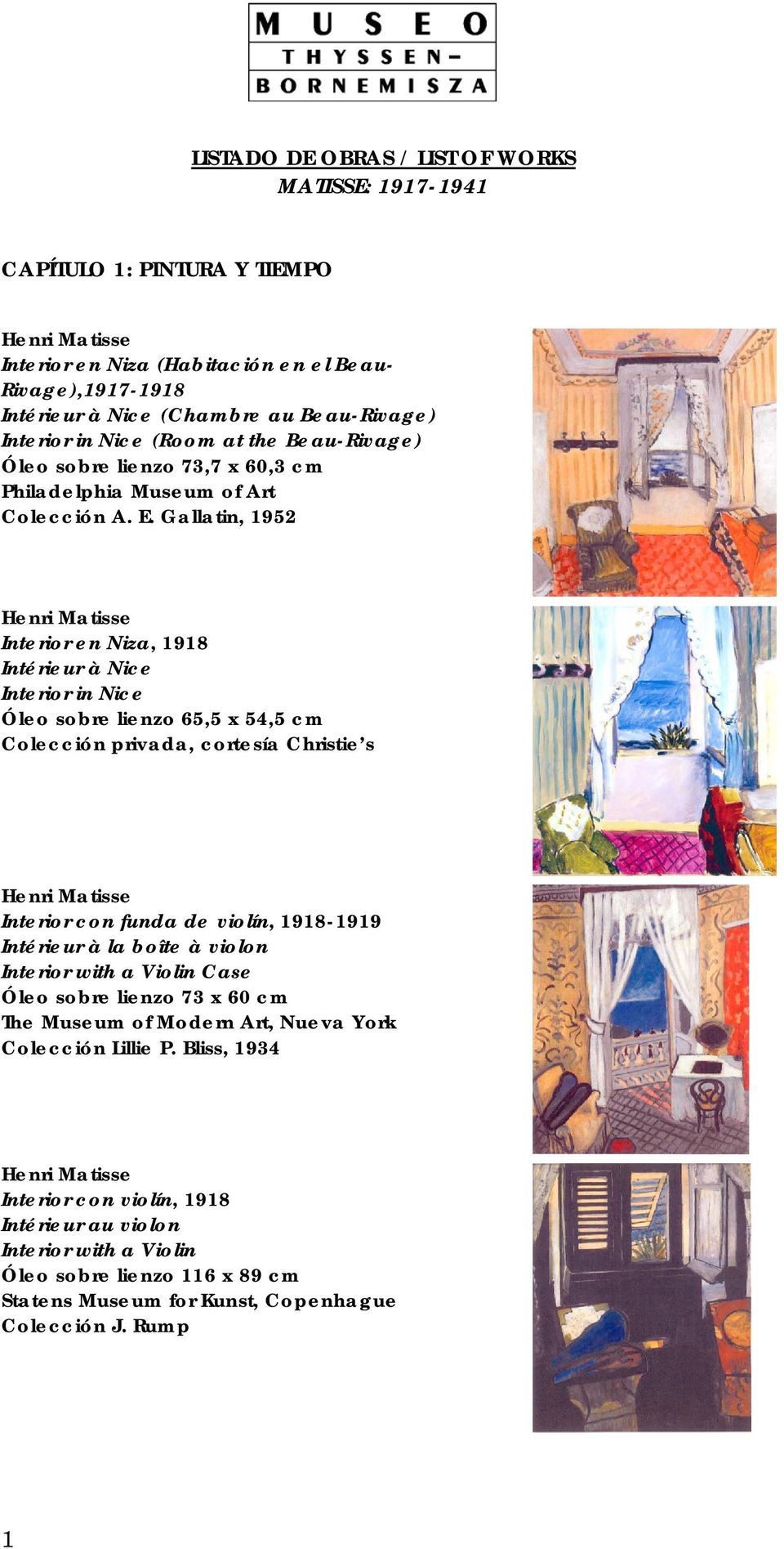 Gallatin, 1952 Interior en Niza, 1918 Intérieur à Nice Interior in Nice Óleo sobre lienzo 65,5 x 54,5 cm Colección privada, cortesía Christie s Interior con funda de violín, 1918-1919 Intérieur à la