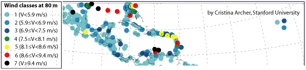 Introducción Evaluación del potencial eólico global (Sur América) Mapa de velocidad media a 80-m (2000)