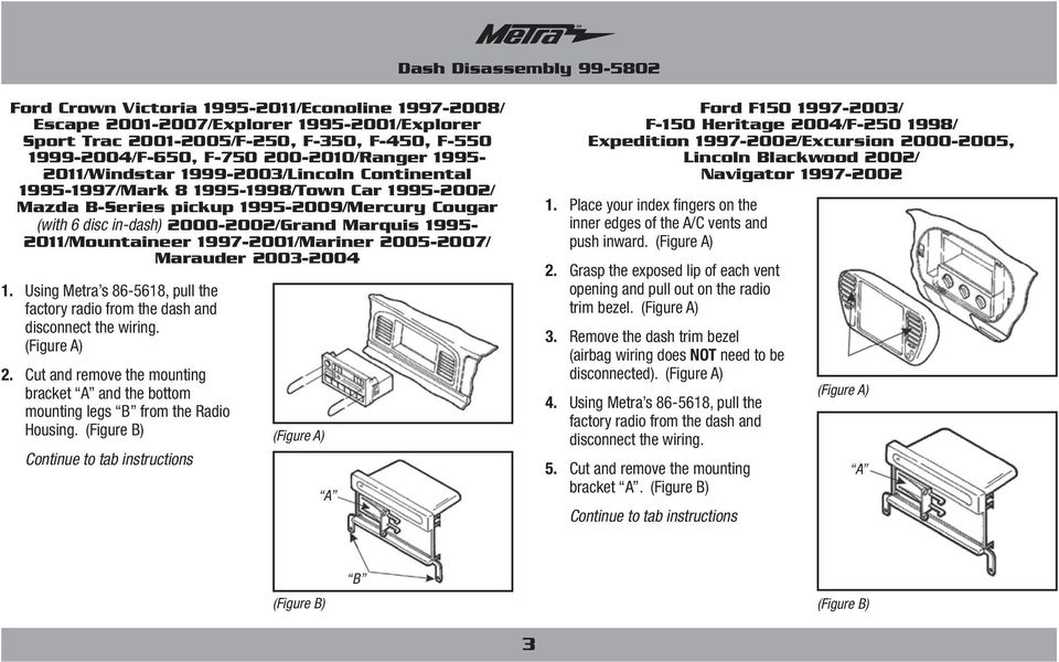 Marquis 1995-2011/Mountaineer 1997-2001/Mariner 2005-2007/ Marauder 2003-2004 1. Using Metra s 86-5618, pull the factory radio from the dash and disconnect the wiring. (Figure A) 2.