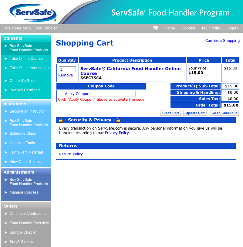 5 En la pantalla "Shopping Cart", verifique toda su información, por ejemplo cantidad, precio, etc. 1. Note que la cantidad inicial es "1".