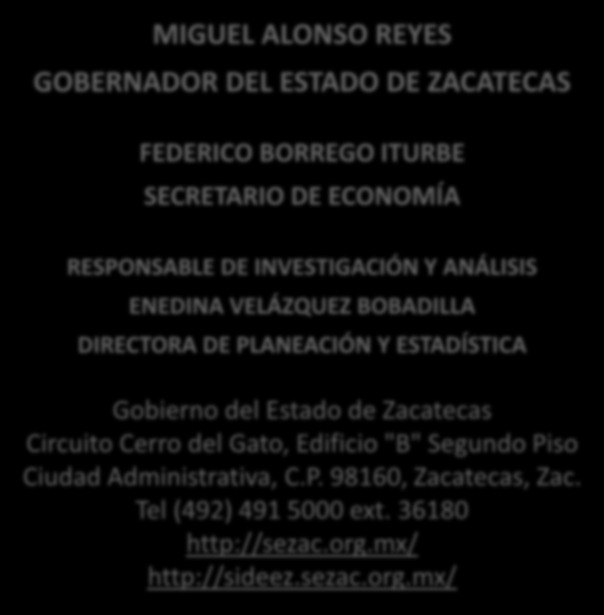 MIGUEL ALONSO REYES GOBERNADOR DEL ESTADO DE ZACATECAS FEDERICO BORREGO ITURBE SECRETARIO DE ECONOMÍA RESPONSABLE DE INVESTIGACIÓN Y ANÁLISIS ENEDINA VELÁZQUEZ BOBADILLA DIRECTORA DE PLANEACIÓN Y