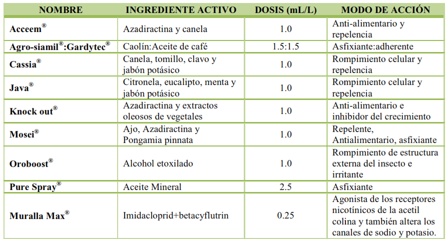6.3.4. Control orgánico En áreas citrícolas con producción orgánica, el uso de insecticidas sintéticos se encuentra contemplado sólo si la enfermedad del HLB se diagnostica en ellas.