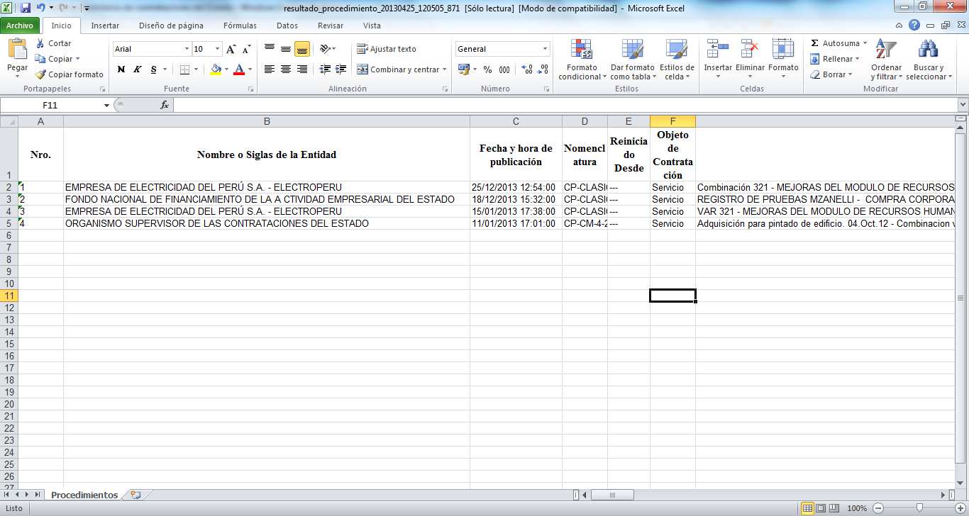 Ilustración 121: Archivo Excel exportado. En el formulario Buscador de Expedientes de Contratación, al seleccionar la opción Registrar Actividades Contratación.